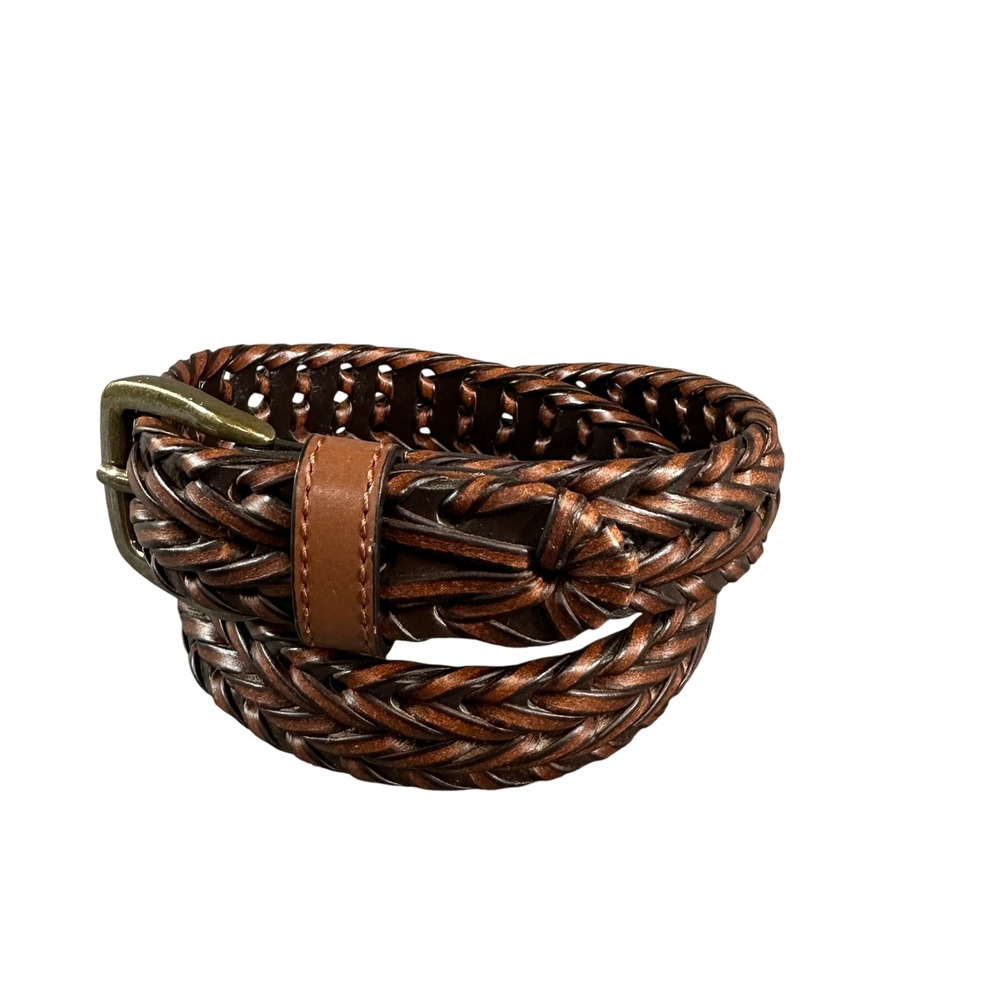 Brown Braided Faux Leather Belt Antique Brass Buckle Small 22-24 12CH040007